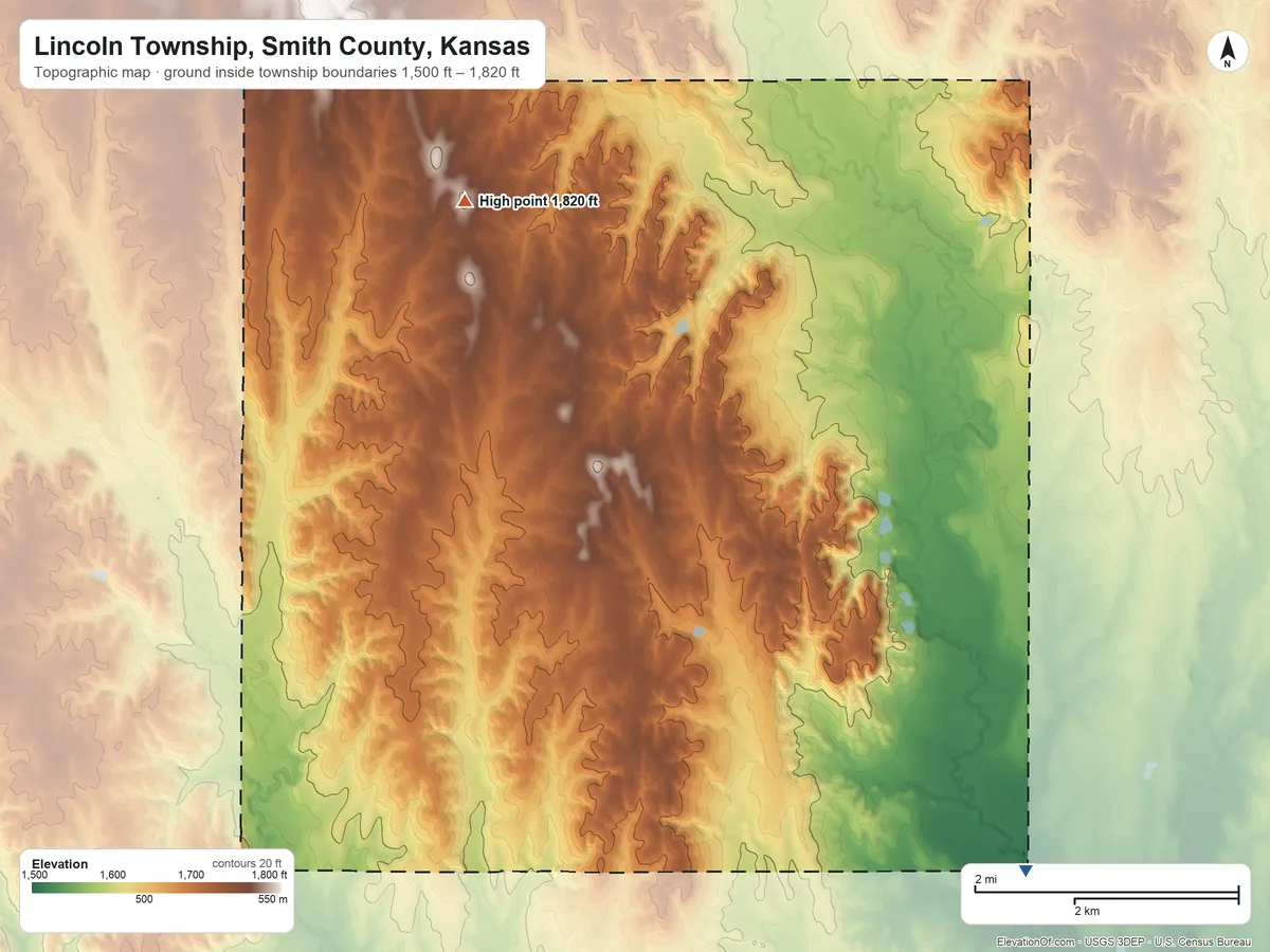 Topographic elevation map of Lincoln Township, Smith County, Kansas, shaded from 1,500 ft on the southeast side to 1,820 ft on the northwest side