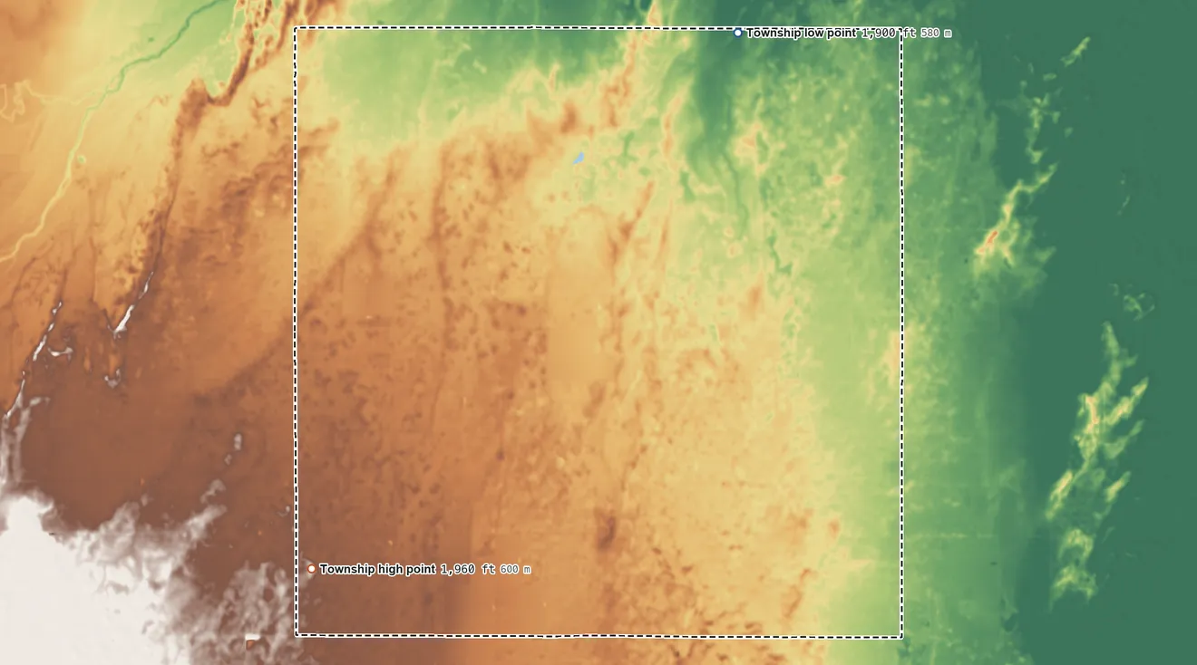 Topographic elevation map of Lincoln Township, Stafford County, Kansas, shaded from 1,900 ft on the northeast side to 1,960 ft on the west side
