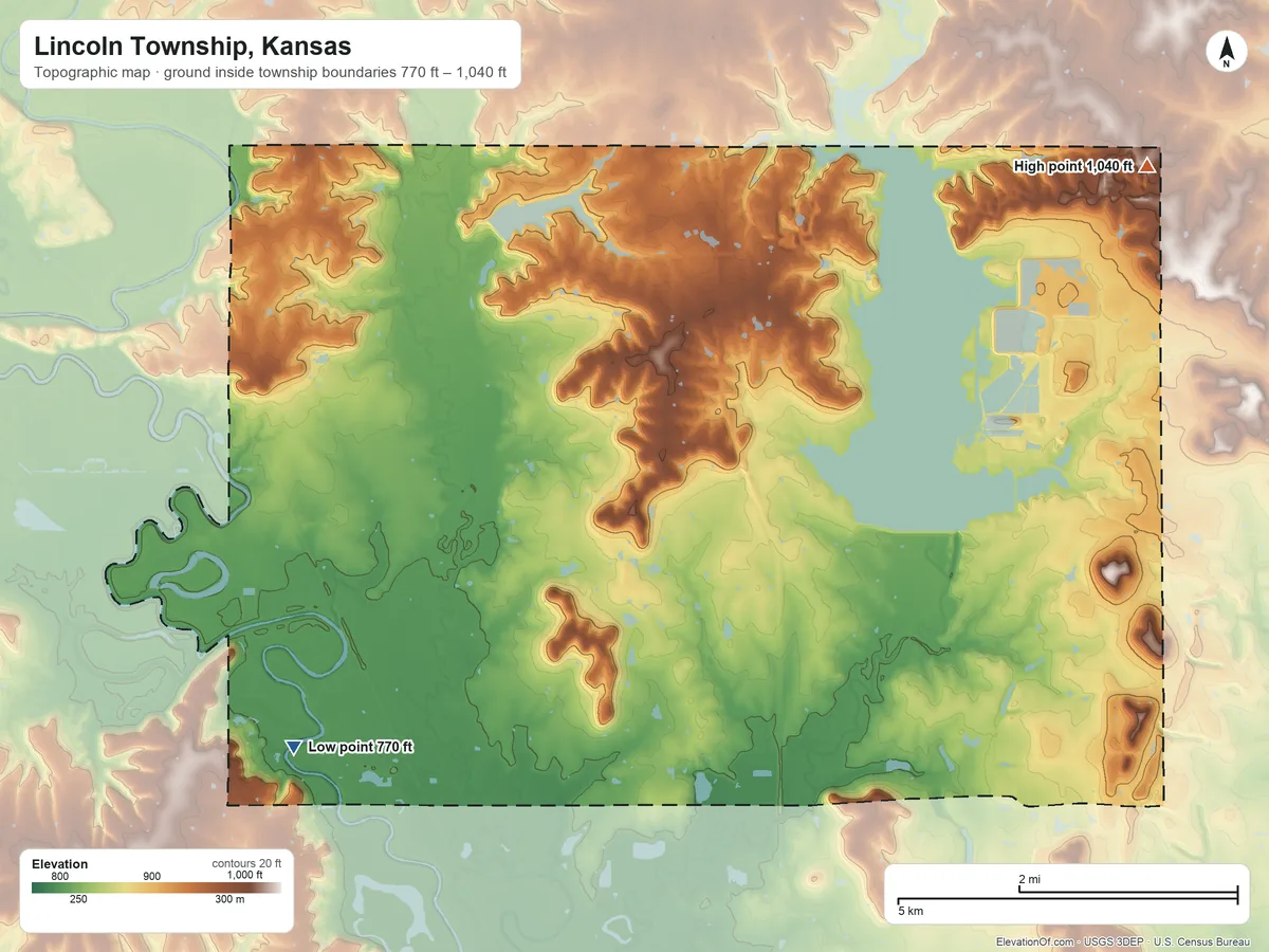 Topographic elevation map of Lincoln Township, Kansas, shaded from 770 ft on the south side to 1,040 ft on the east side