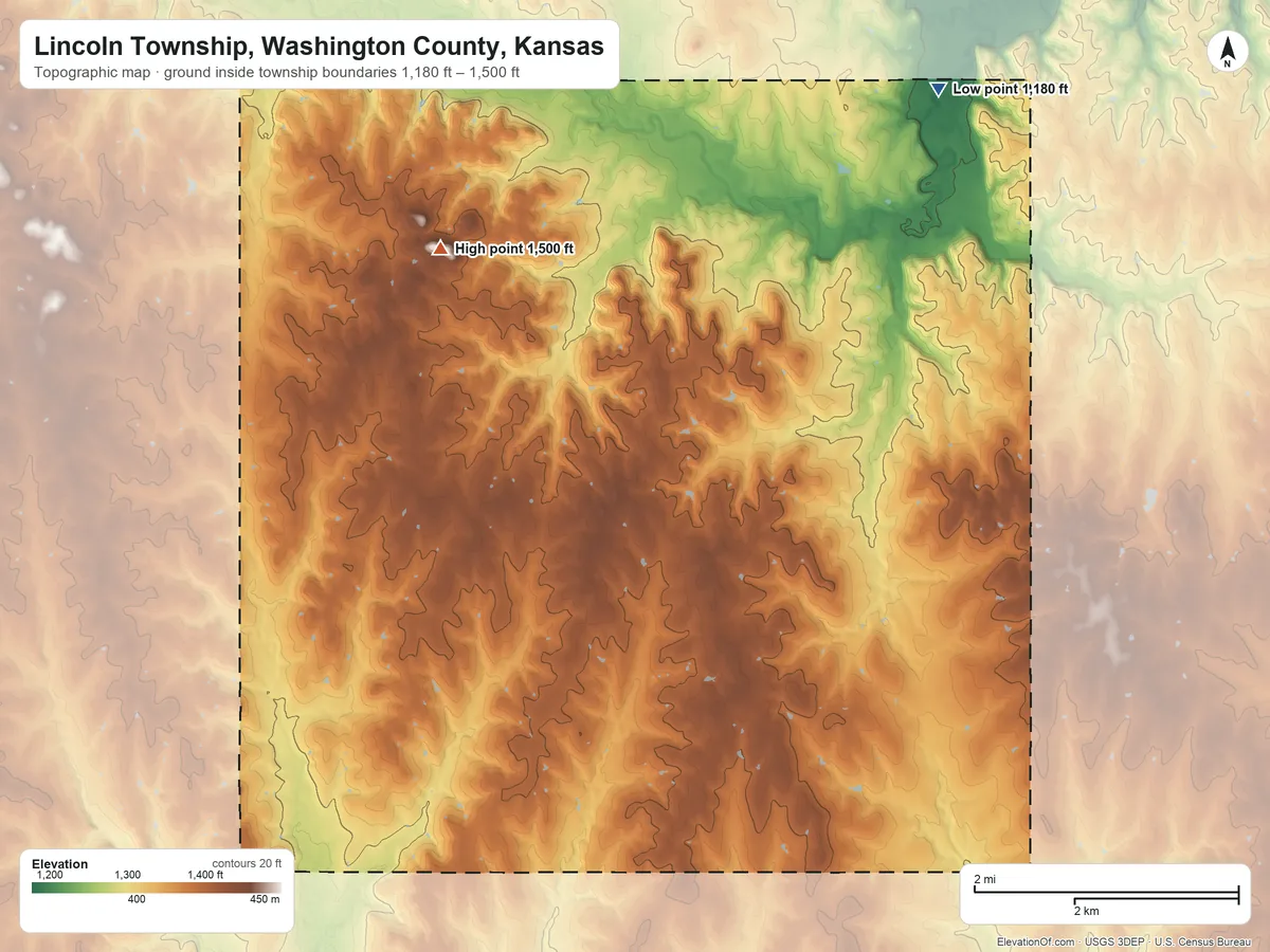 Topographic elevation map of Lincoln Township, Washington County, Kansas, shaded from 1,180 ft on the northeast side to 1,500 ft on the northwest side