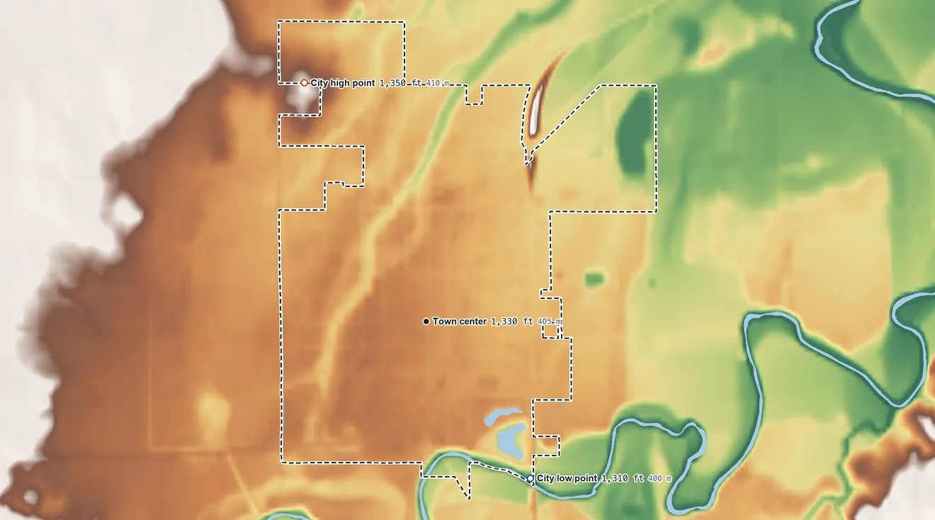 Topographic elevation map of Lindsborg, Kansas, shaded from 1,310 ft on the southeast side to 1,350 ft on the northwest side