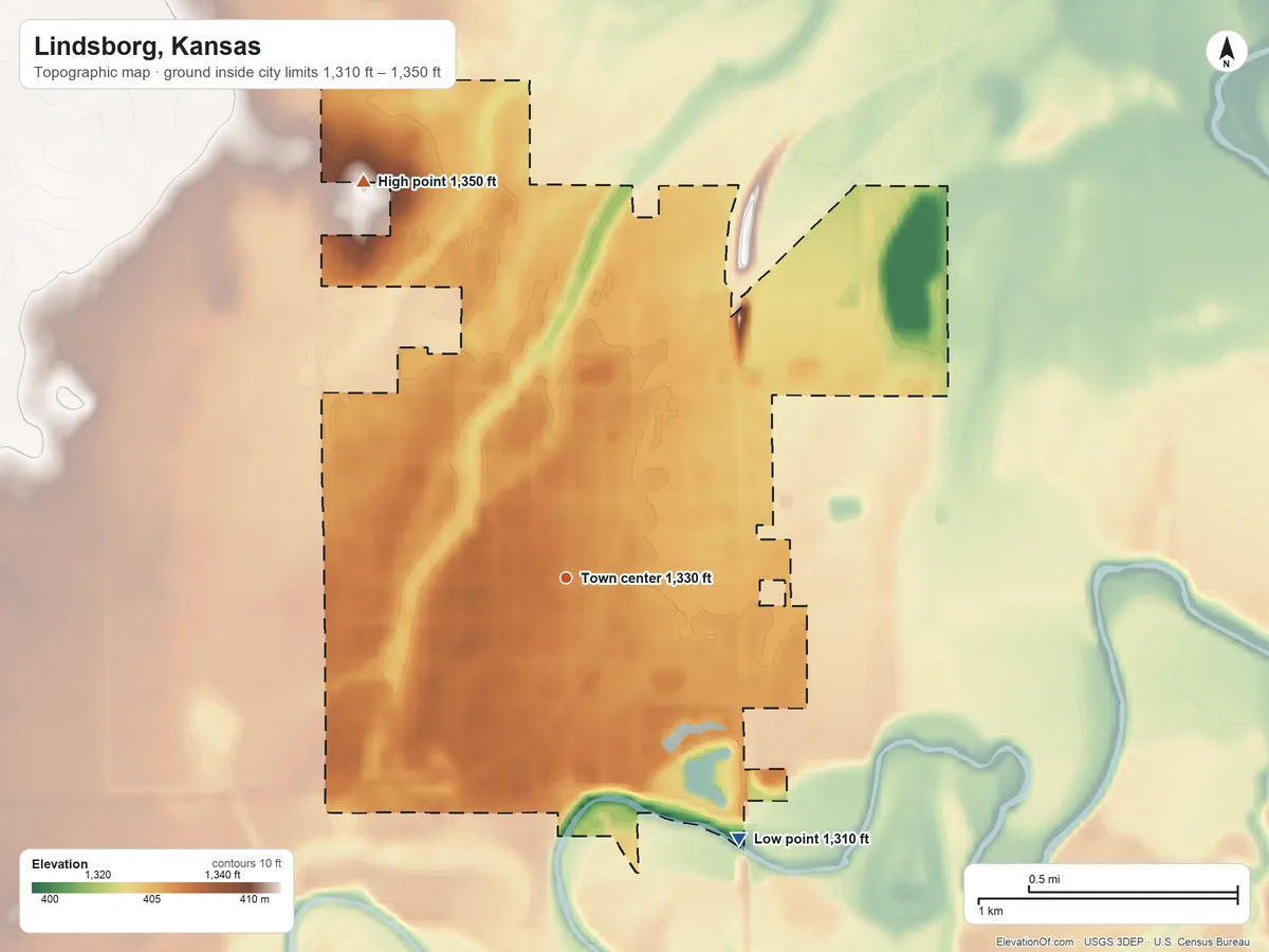 Topographic elevation map of Lindsborg, Kansas, shaded from 1,310 ft on the southeast side to 1,350 ft on the northwest side