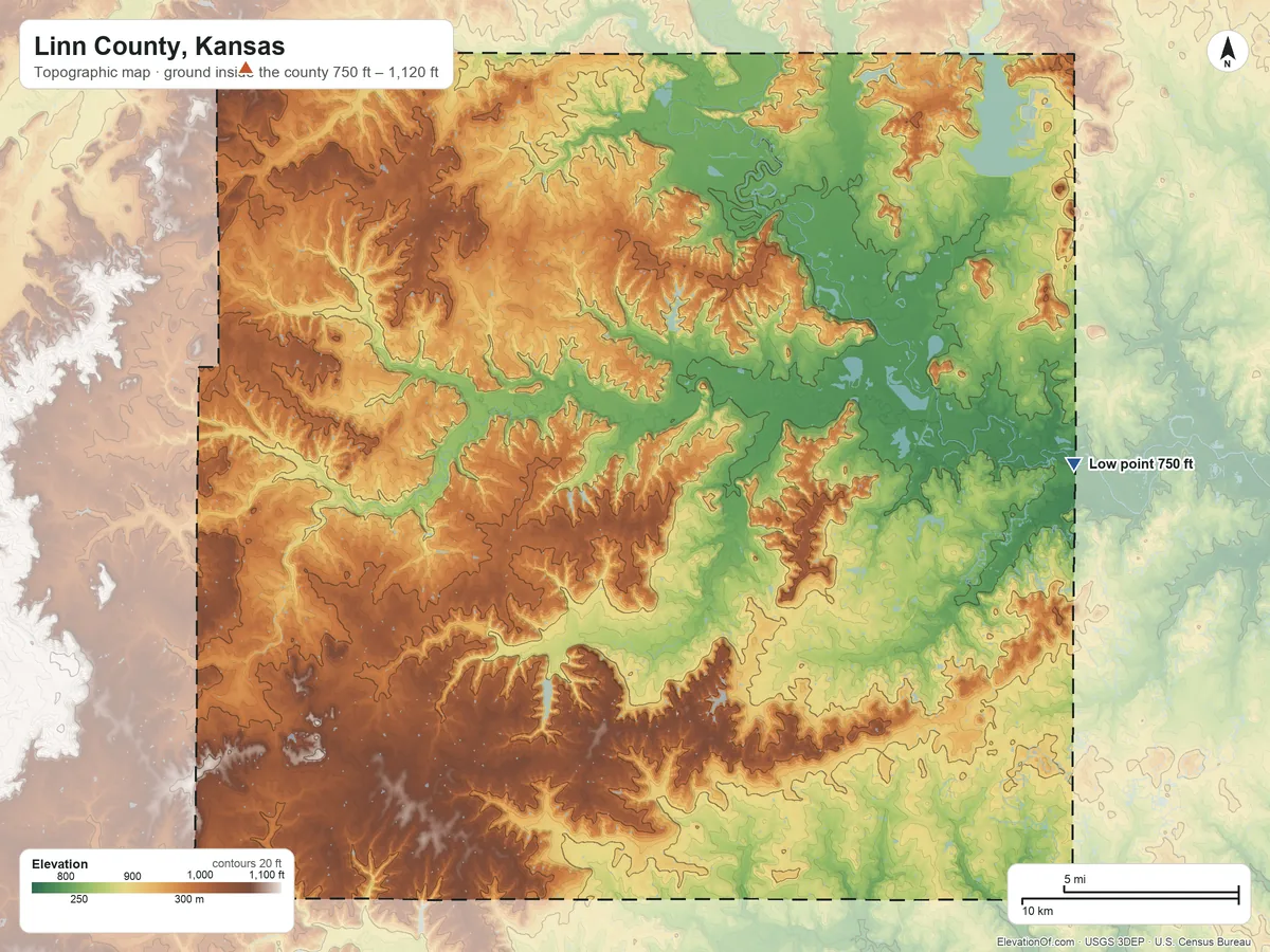 Topographic elevation map of Linn County, Kansas, shaded from 750 ft on the east side to 1,120 ft on the northwest side