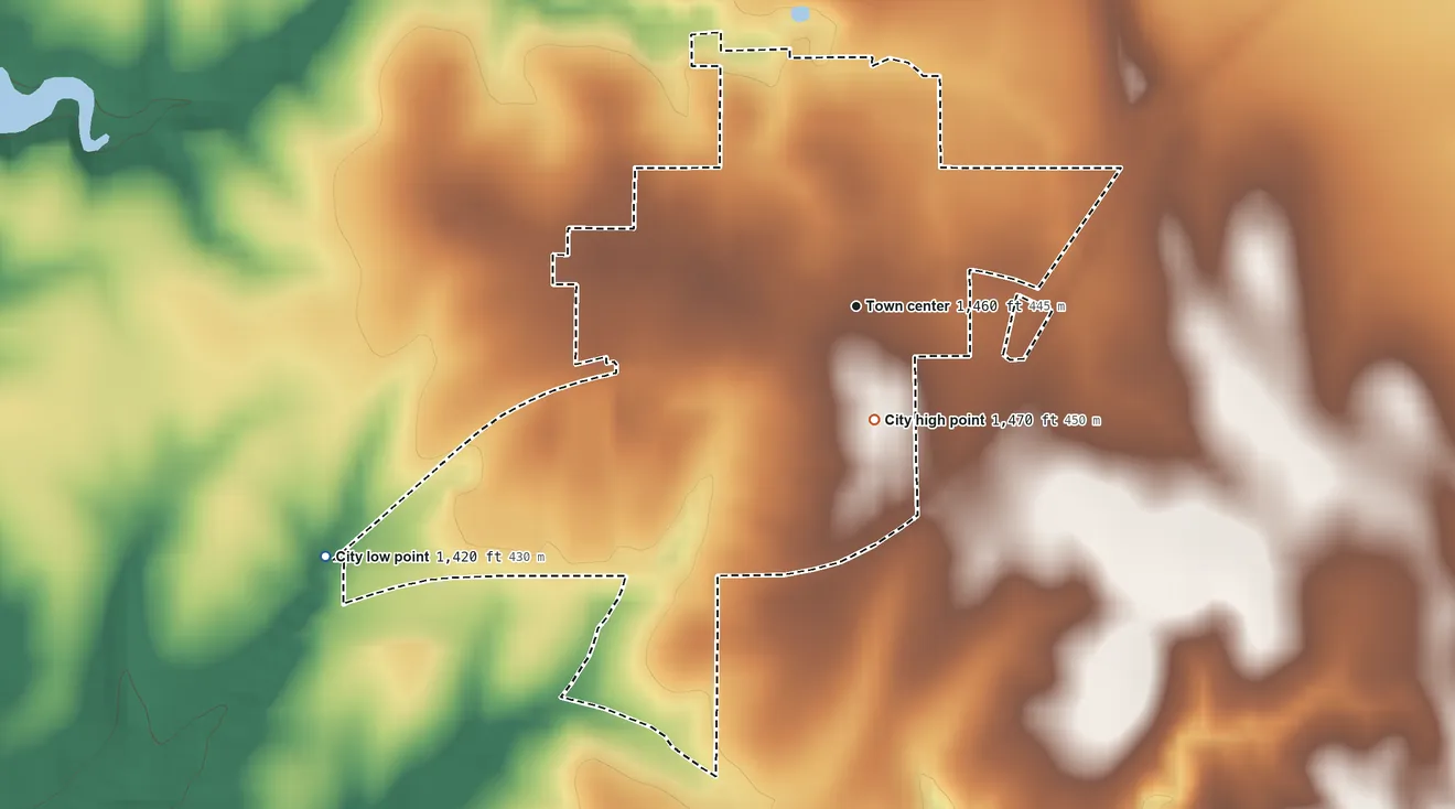 Topographic elevation map of Linn, Kansas, shaded from 1,420 ft on the southwest side to 1,470 ft on the south side