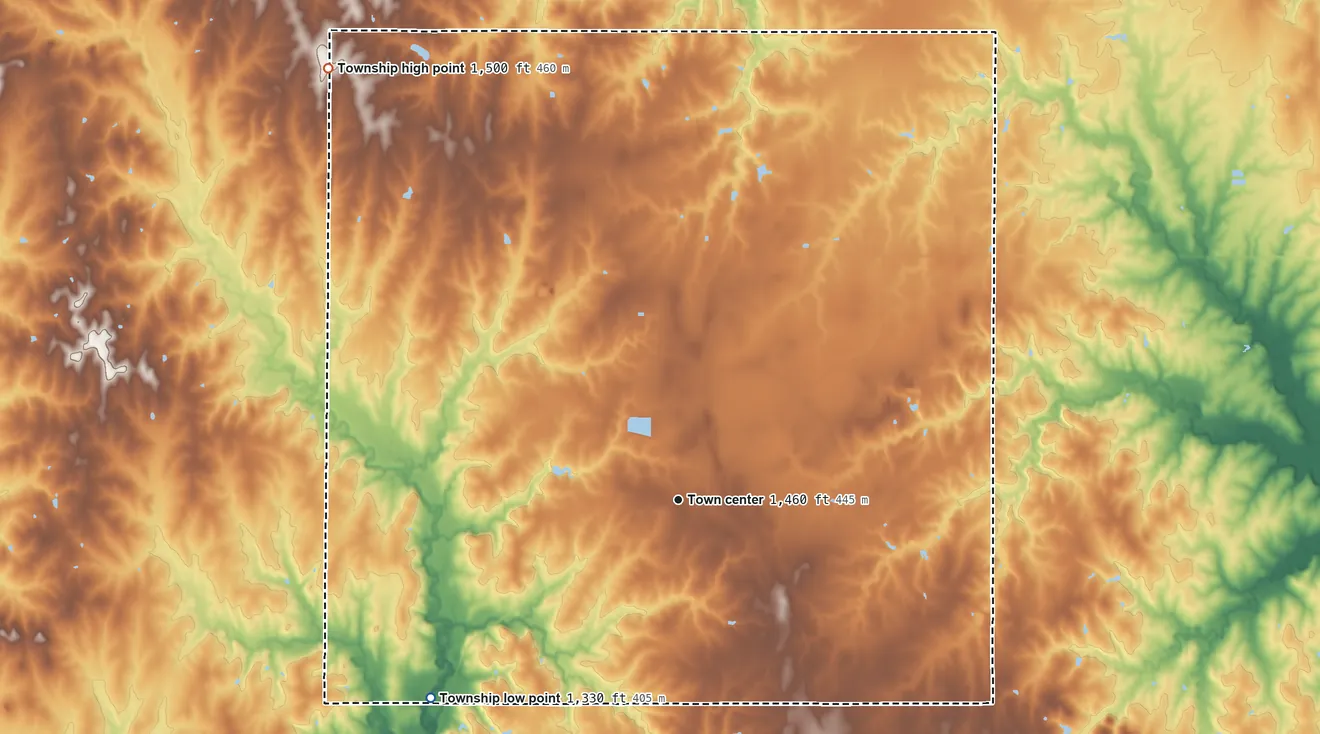 Topographic elevation map of Linn Township, Kansas, shaded from 1,330 ft on the southwest side to 1,500 ft on the northwest side