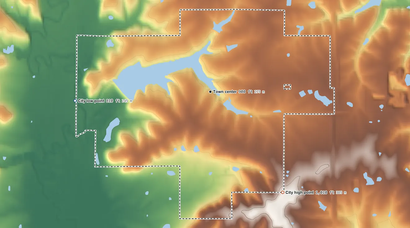 Topographic elevation map of Linn Valley, Kansas, shaded from 810 ft on the west side to 1,010 ft on the southeast side