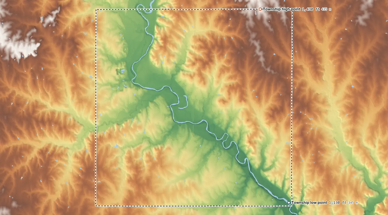 Topographic elevation map of Little Blue Township, Kansas, shaded from 1,130 ft on the southeast side to 1,430 ft on the northeast side