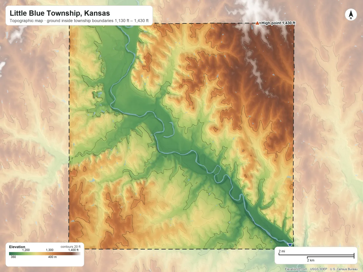 Topographic elevation map of Little Blue Township, Kansas, shaded from 1,130 ft on the southeast side to 1,430 ft on the northeast side