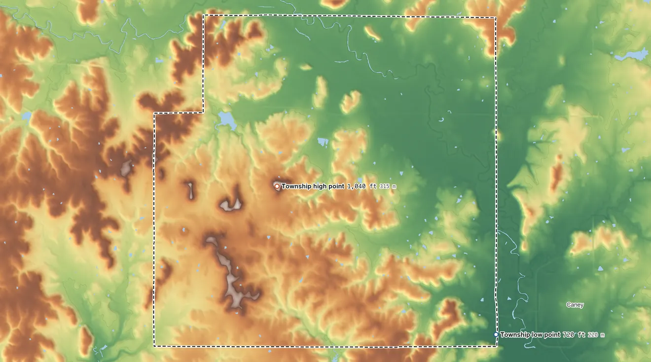 Topographic elevation map of Little Caney Township, Kansas, shaded from 720 ft on the southeast side to 1,040 ft on the west side