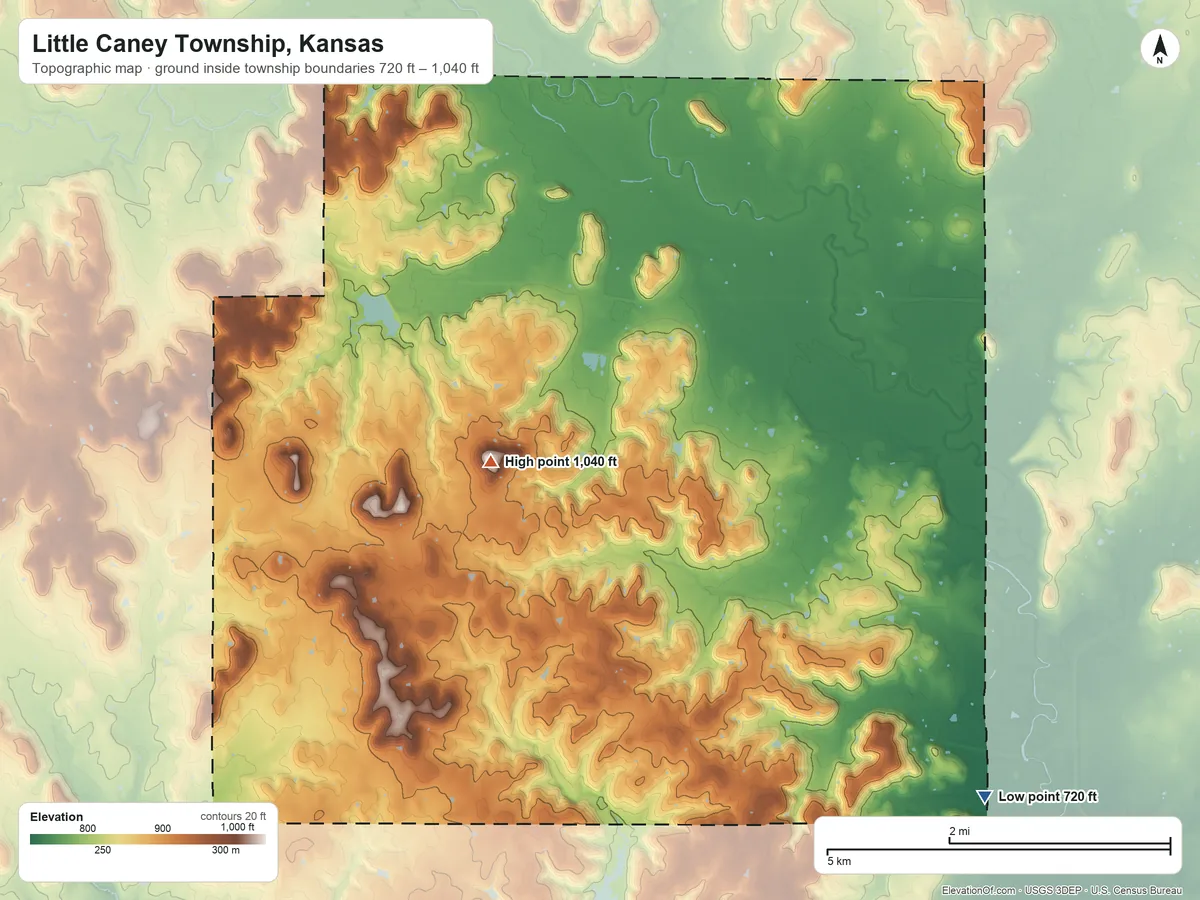 Topographic elevation map of Little Caney Township, Kansas, shaded from 720 ft on the southeast side to 1,040 ft on the west side