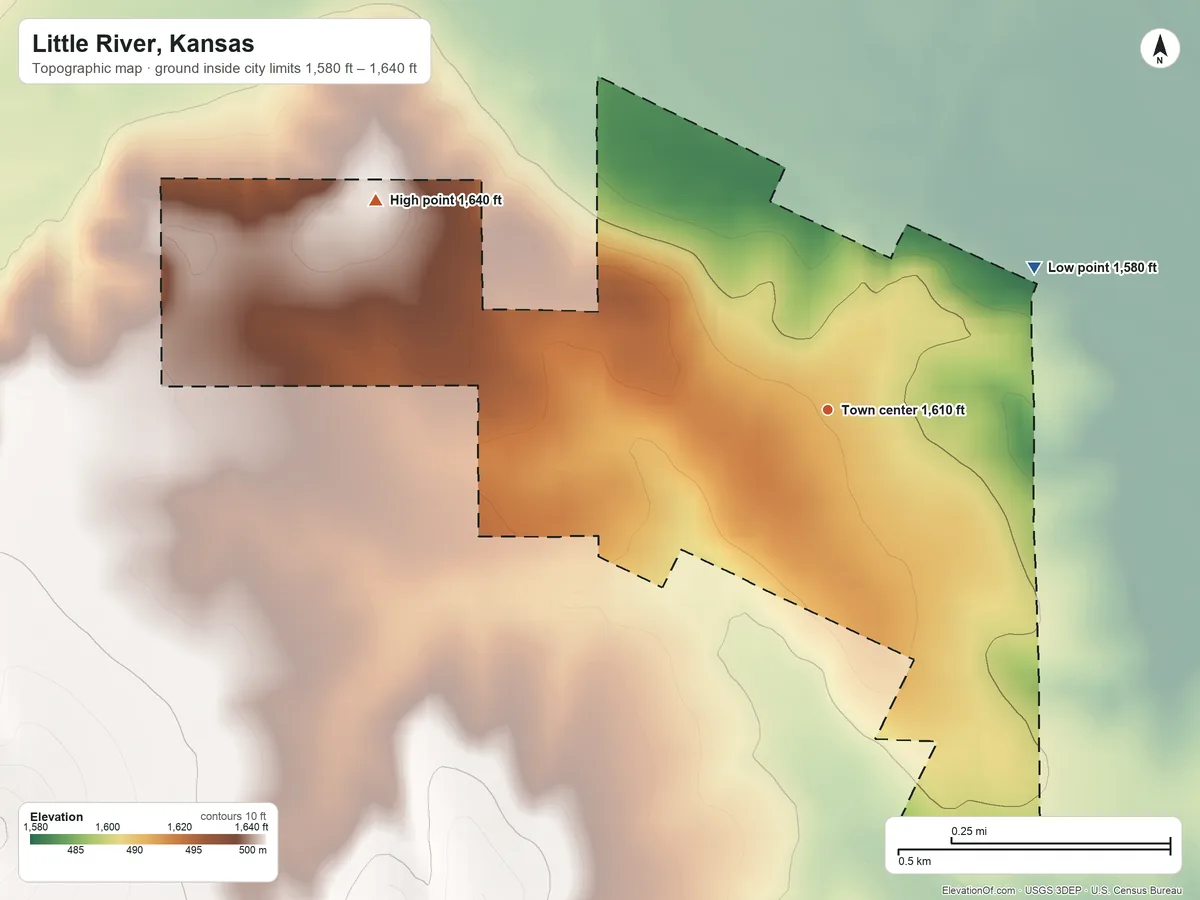 Topographic elevation map of Little River, Kansas, shaded from 1,580 ft on the northeast side to 1,640 ft on the northwest side
