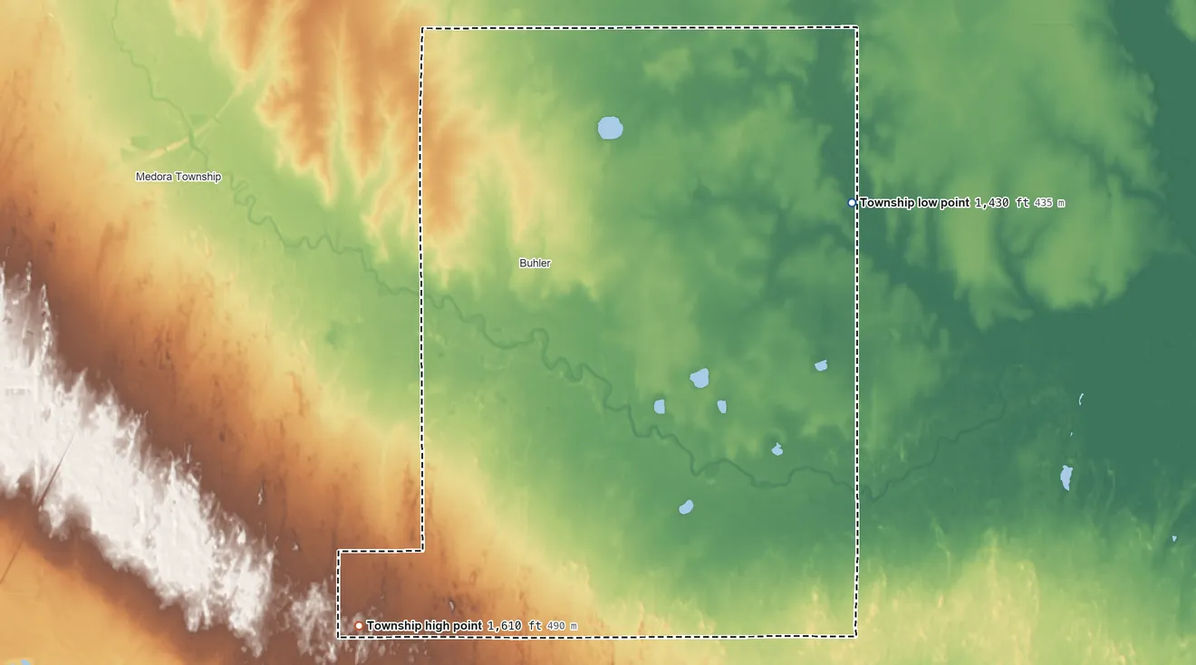 Topographic elevation map of Little River Township, Kansas, shaded from 1,430 ft on the east side to 1,610 ft on the southwest side