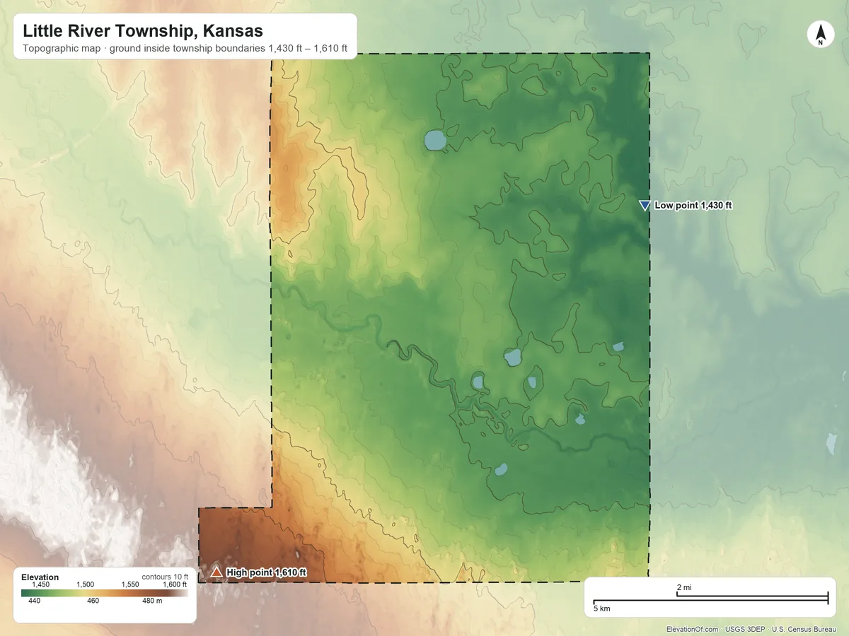 Topographic elevation map of Little River Township, Kansas, shaded from 1,430 ft on the east side to 1,610 ft on the southwest side