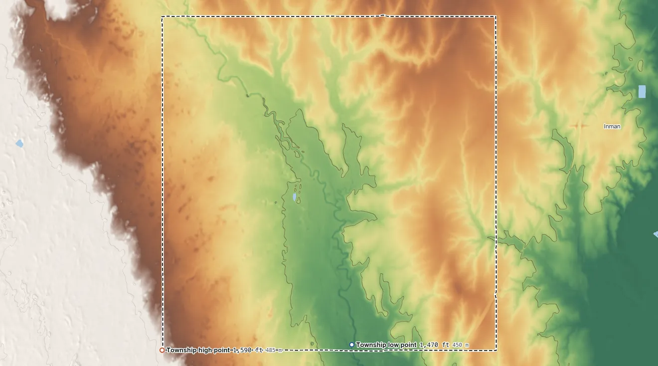 Topographic elevation map of Little Valley Township, Kansas, shaded from 1,470 ft on the south side to 1,590 ft on the southwest side