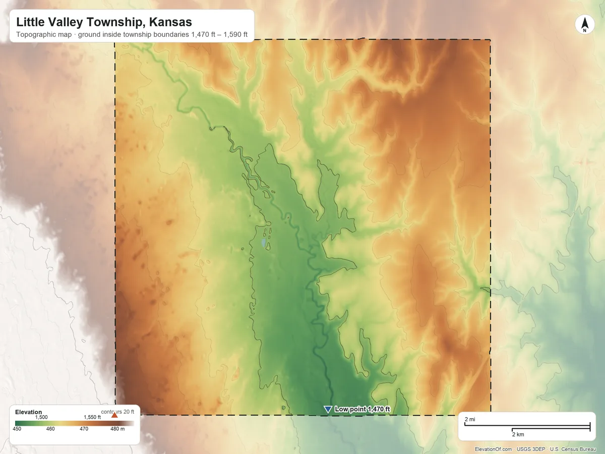 Topographic elevation map of Little Valley Township, Kansas, shaded from 1,470 ft on the south side to 1,590 ft on the southwest side