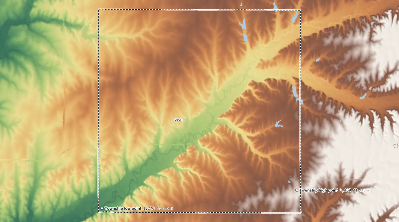 Topographic elevation map of Little Walnut Township, Kansas, shaded from 1,270 ft on the southwest side to 1,460 ft on the southeast side