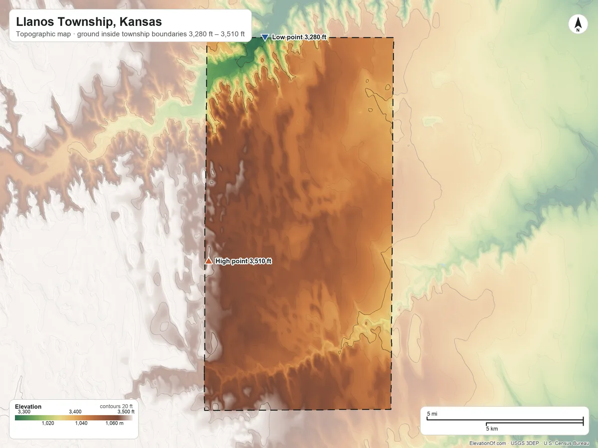 Topographic elevation map of Llanos Township, Kansas, shaded from 3,280 ft on the north side to 3,510 ft on the southwest side