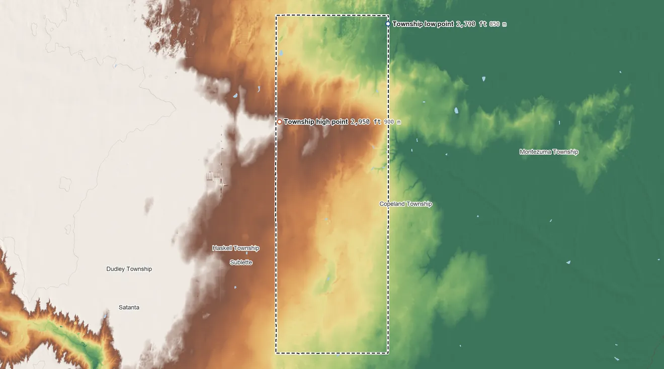 Topographic elevation map of Lockport Township, Kansas, shaded from 2,790 ft on the north side to 2,950 ft on the northwest side