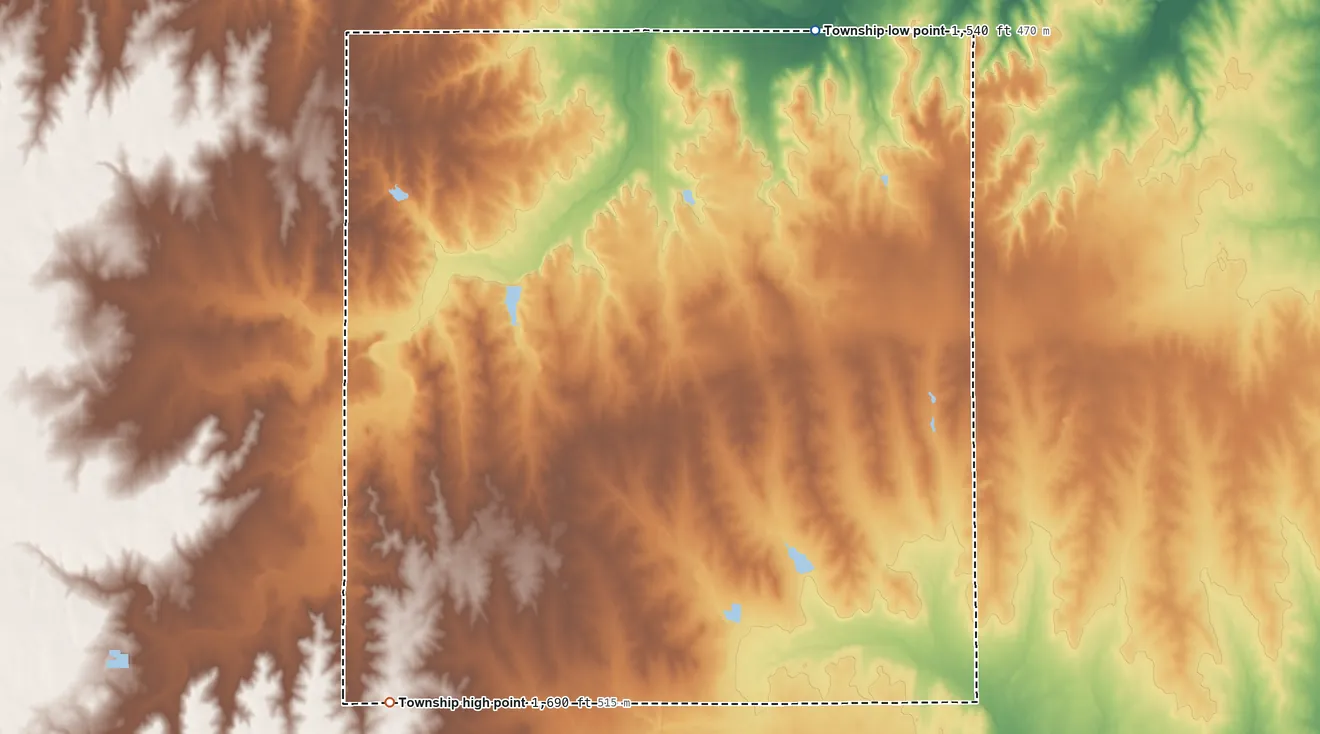 Topographic elevation map of Loda Township, Kansas, shaded from 1,540 ft on the north side to 1,690 ft on the southwest side