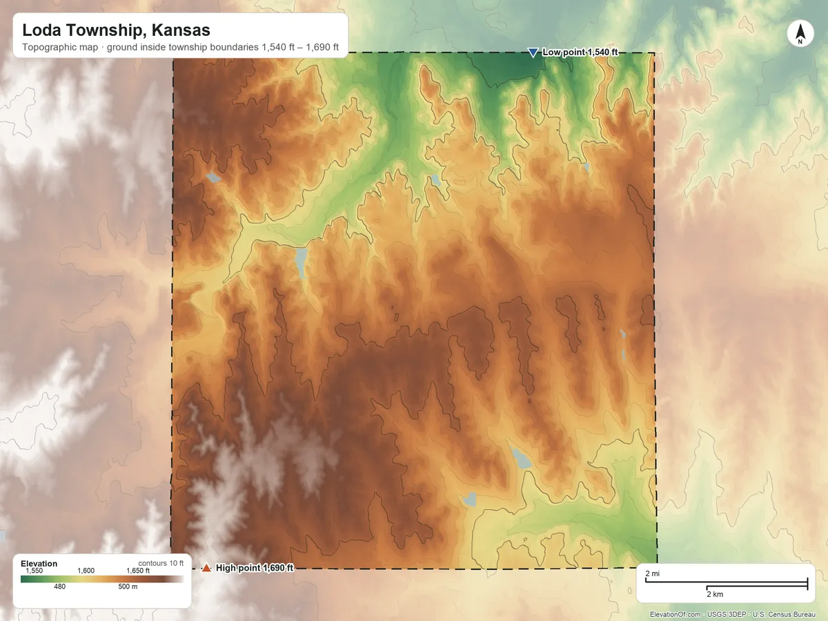 Topographic elevation map of Loda Township, Kansas, shaded from 1,540 ft on the north side to 1,690 ft on the southwest side