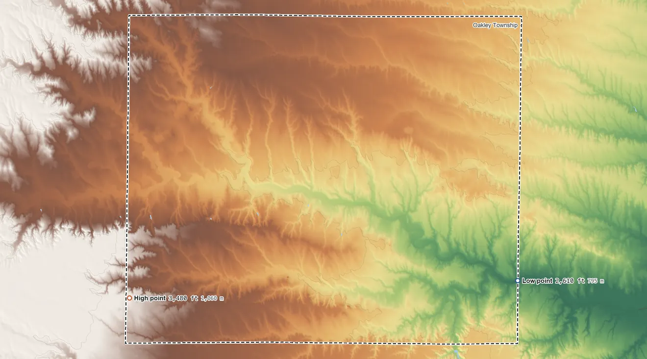 Topographic elevation map of Logan County, Kansas, shaded from 2,610 ft on the southeast side to 3,480 ft on the southwest side