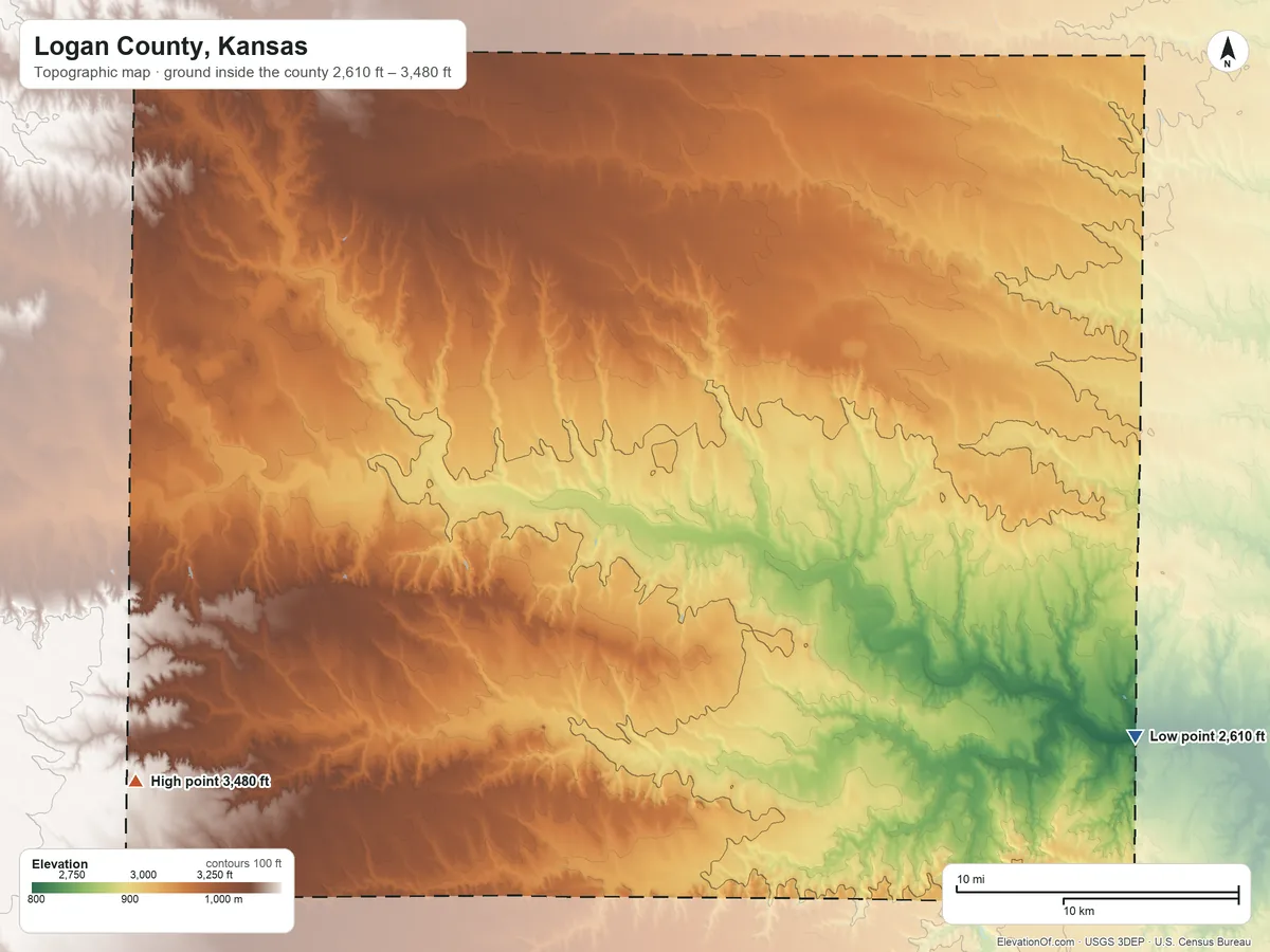 Topographic elevation map of Logan County, Kansas, shaded from 2,610 ft on the southeast side to 3,480 ft on the southwest side