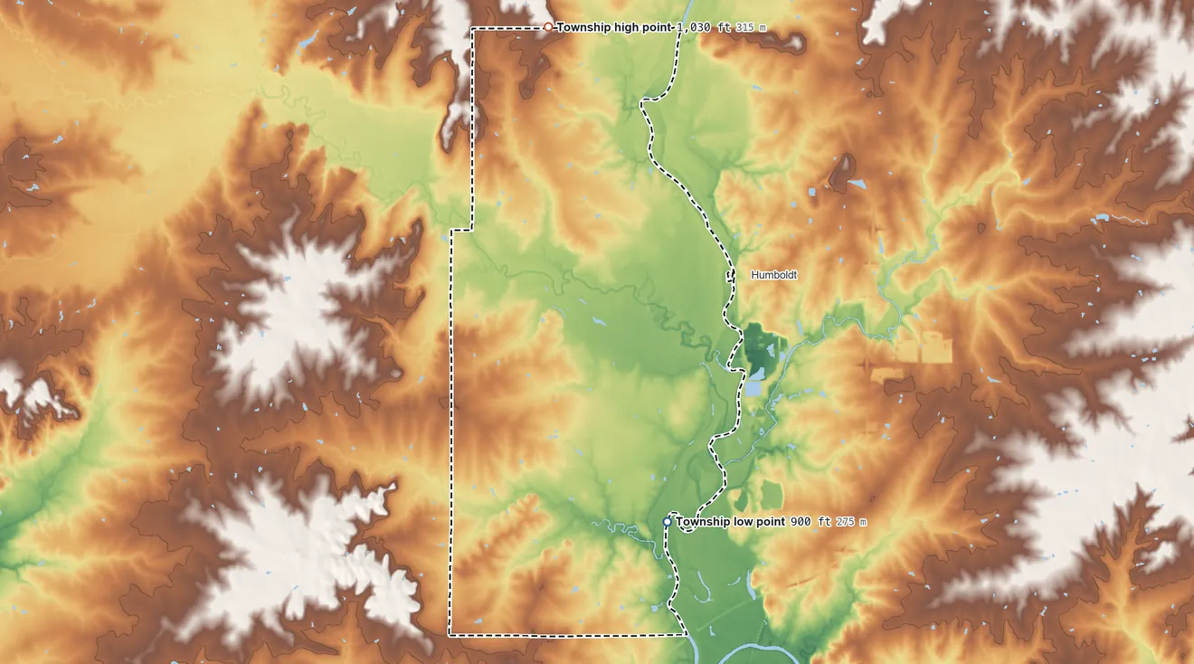 Topographic elevation map of Logan Township, Allen County, Kansas, shaded from 900 ft on the southeast side to 1,030 ft on the north side