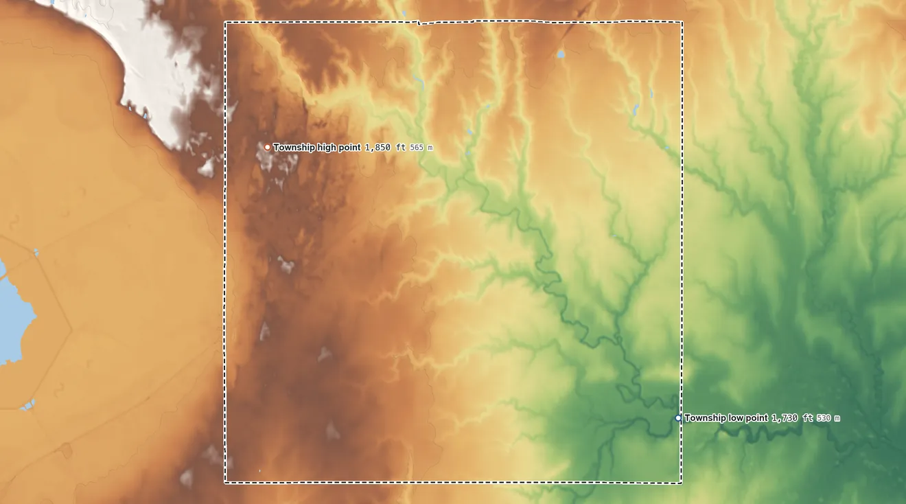 Topographic elevation map of Logan Township, Barton County, Kansas, shaded from 1,730 ft on the southeast side to 1,850 ft on the northwest side