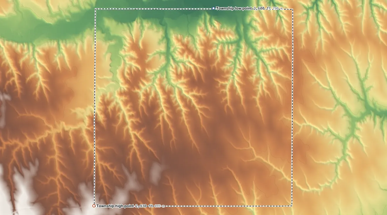 Topographic elevation map of Logan Township, Decatur County, Kansas, shaded from 2,600 ft on the northeast side to 2,930 ft on the southwest side