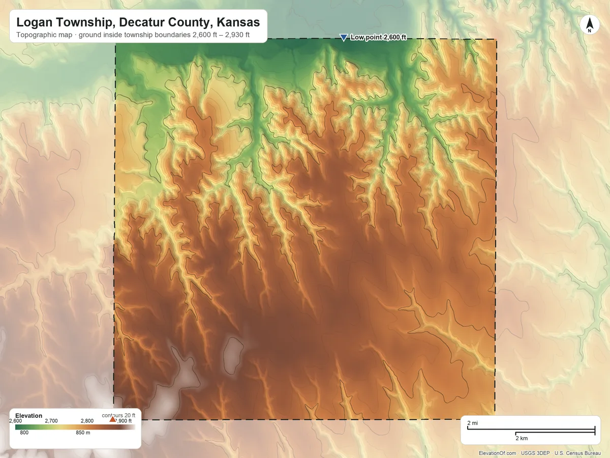 Topographic elevation map of Logan Township, Decatur County, Kansas, shaded from 2,600 ft on the northeast side to 2,930 ft on the southwest side