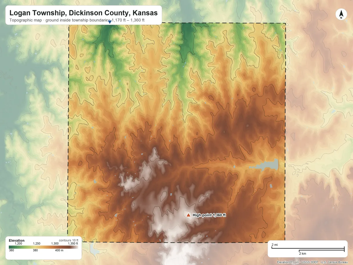 Topographic elevation map of Logan Township, Dickinson County, Kansas, shaded from 1,170 ft on the north side to 1,360 ft on the southeast side
