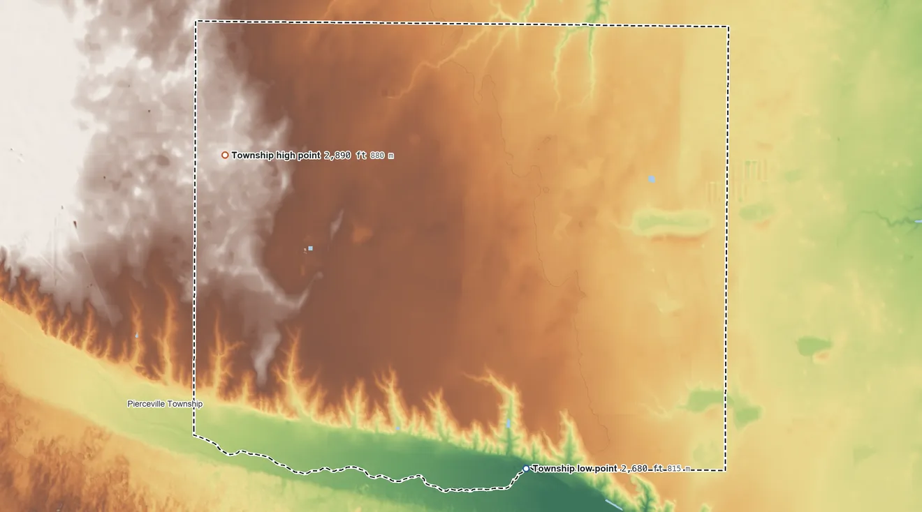 Topographic elevation map of Logan Township, Gray County, Kansas, shaded from 2,680 ft on the south side to 2,890 ft on the west side