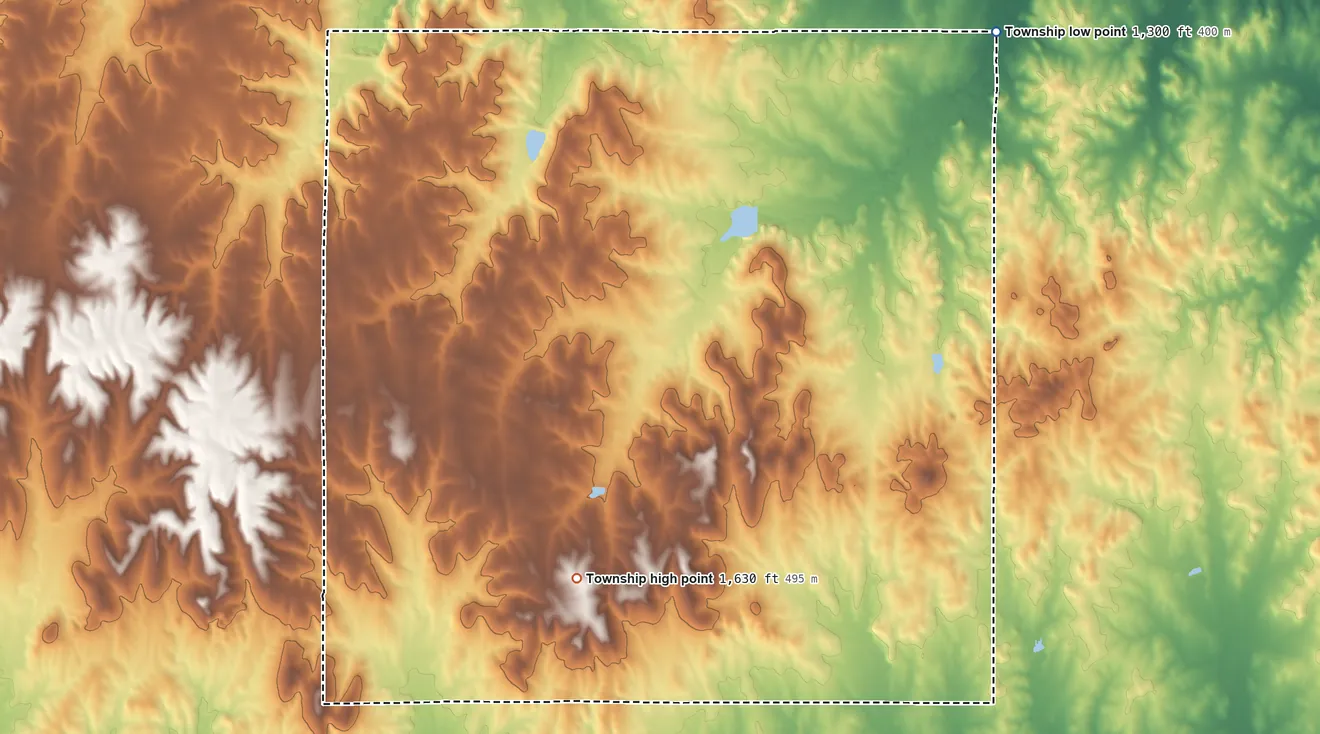Topographic elevation map of Logan Township, Lincoln County, Kansas, shaded from 1,300 ft on the northeast side to 1,630 ft on the southwest side