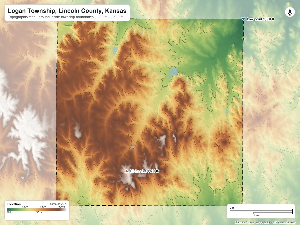 Topographic elevation map of Logan Township, Lincoln County, Kansas, shaded from 1,300 ft on the northeast side to 1,630 ft on the southwest side