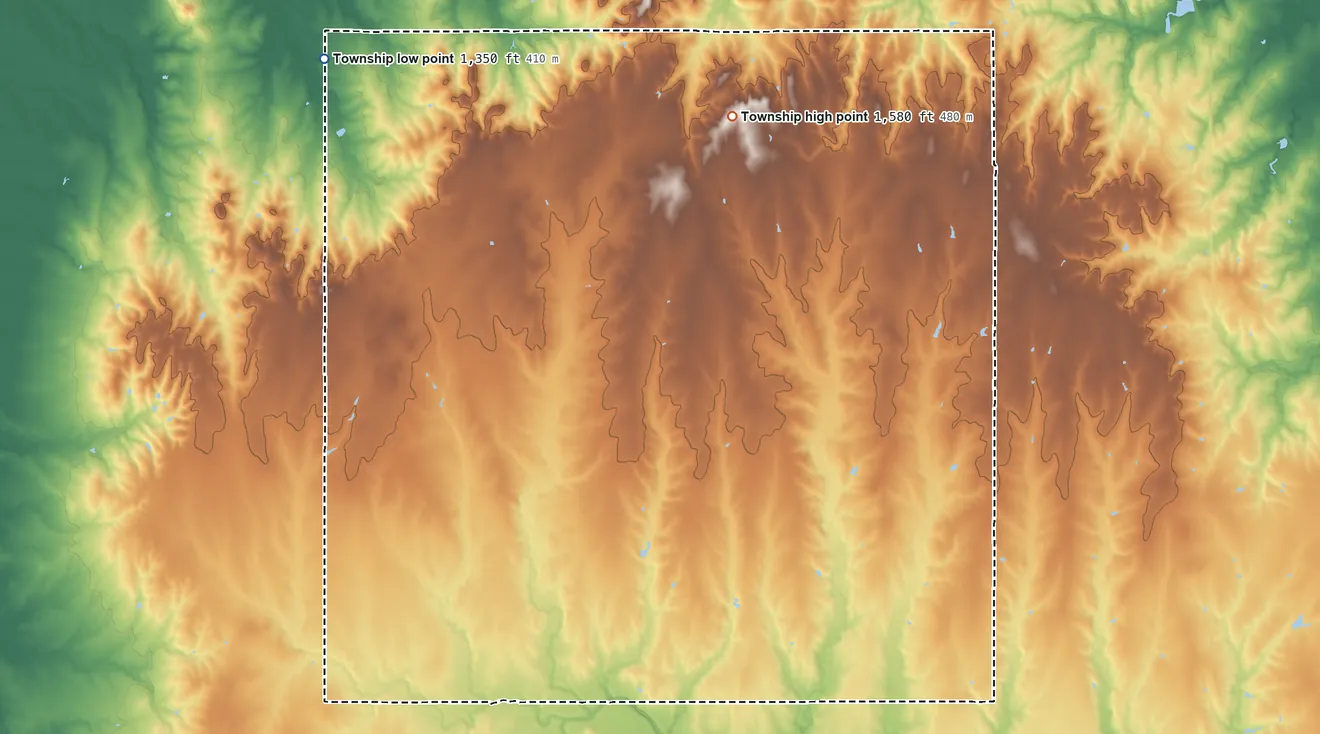 Topographic elevation map of Logan Township, Marion County, Kansas, shaded from 1,350 ft on the northwest side to 1,580 ft on the northeast side