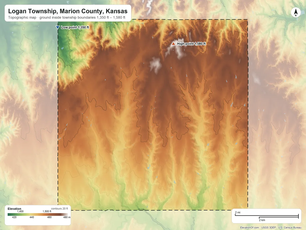 Topographic elevation map of Logan Township, Marion County, Kansas, shaded from 1,350 ft on the northwest side to 1,580 ft on the northeast side