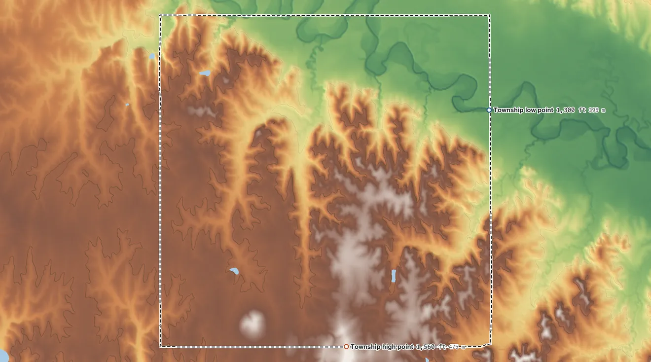 Topographic elevation map of Logan Township, Mitchell County, Kansas, shaded from 1,300 ft on the southeast side to 1,560 ft on the south side
