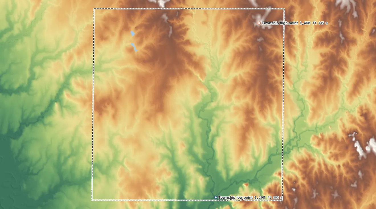 Topographic elevation map of Logan Township, Ottawa County, Kansas, shaded from 1,290 ft on the south side to 1,460 ft on the northeast side
