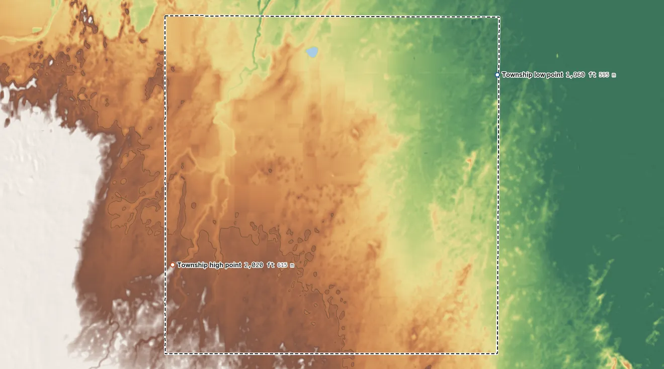 Topographic elevation map of Logan Township, Pawnee County, Kansas, shaded from 1,960 ft on the northeast side to 2,020 ft on the southwest side