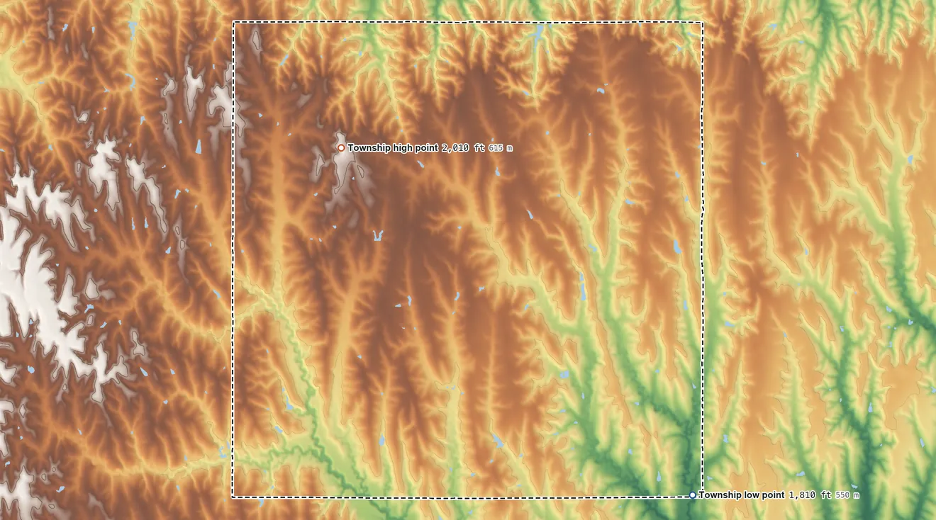 Topographic elevation map of Logan Township, Smith County, Kansas, shaded from 1,810 ft on the southeast side to 2,010 ft on the west side