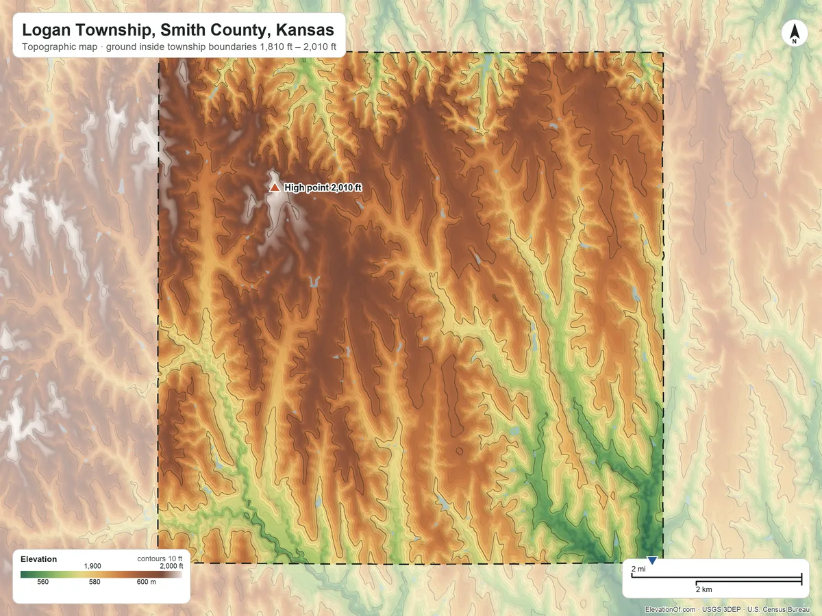 Topographic elevation map of Logan Township, Smith County, Kansas, shaded from 1,810 ft on the southeast side to 2,010 ft on the west side