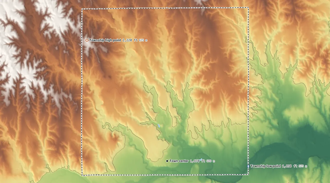 Topographic elevation map of Logan Township, Kansas, shaded from 1,890 ft on the east side to 2,220 ft on the northwest side