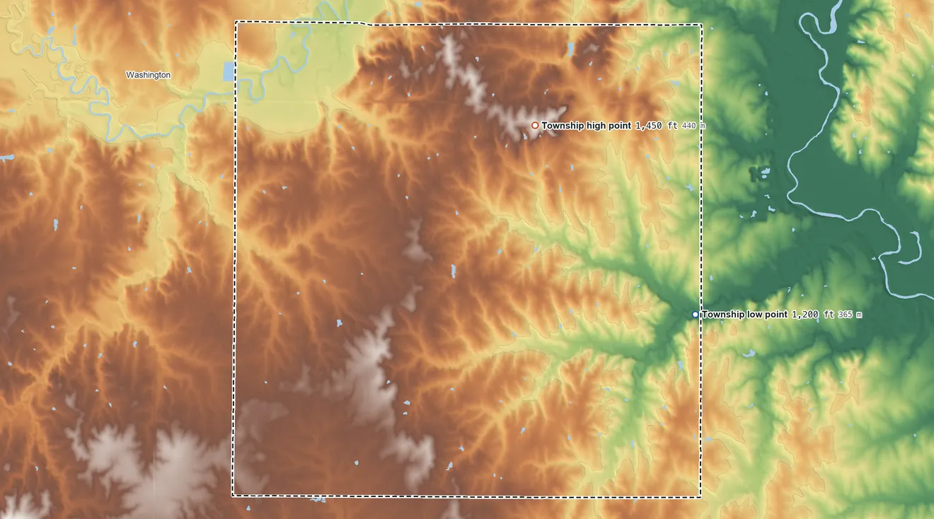 Topographic elevation map of Logan Township, Washington County, Kansas, shaded from 1,200 ft on the east side to 1,450 ft on the northeast side