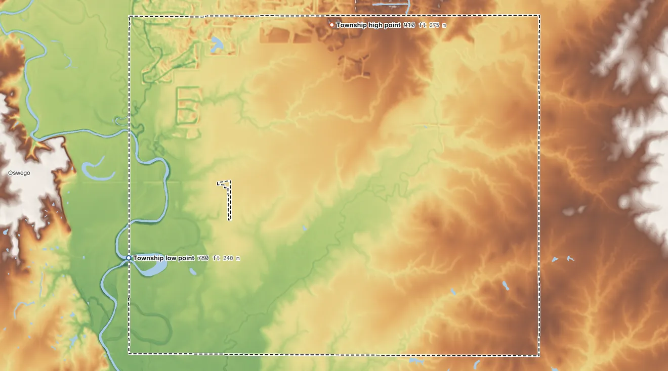 Topographic elevation map of Lola Township, Kansas, shaded from 780 ft on the southwest side to 910 ft on the north side