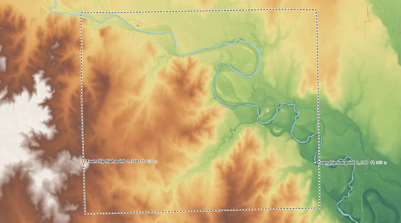 Topographic elevation map of London Township, Kansas, shaded from 1,200 ft on the southeast side to 1,340 ft on the southwest side