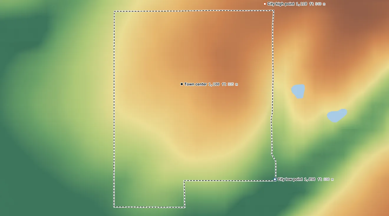 Topographic elevation map of Lone Elm, Kansas, shaded from 1,090 ft on the southeast side to 1,110 ft on the northeast side
