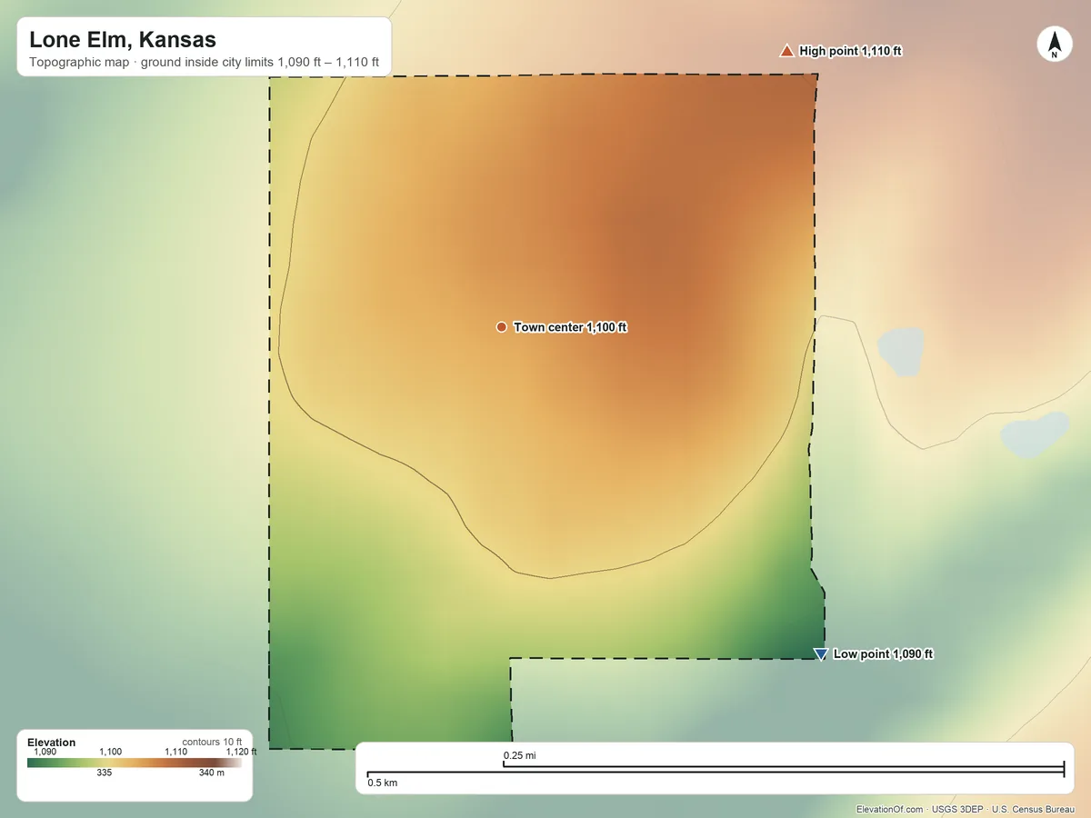 Topographic elevation map of Lone Elm, Kansas, shaded from 1,090 ft on the southeast side to 1,110 ft on the northeast side