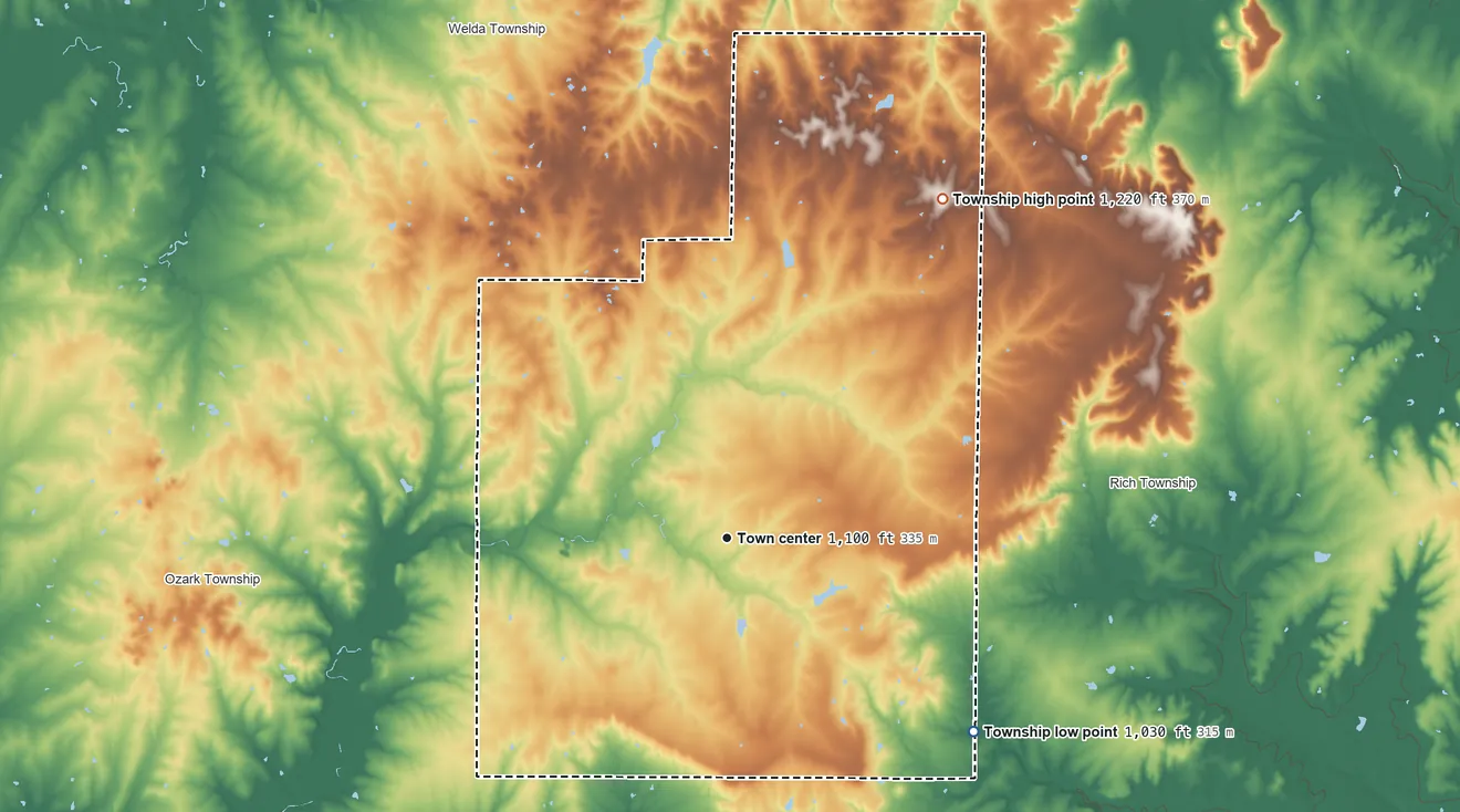Topographic elevation map of Lone Elm Township, Kansas, shaded from 1,030 ft on the southeast side to 1,220 ft on the northeast side