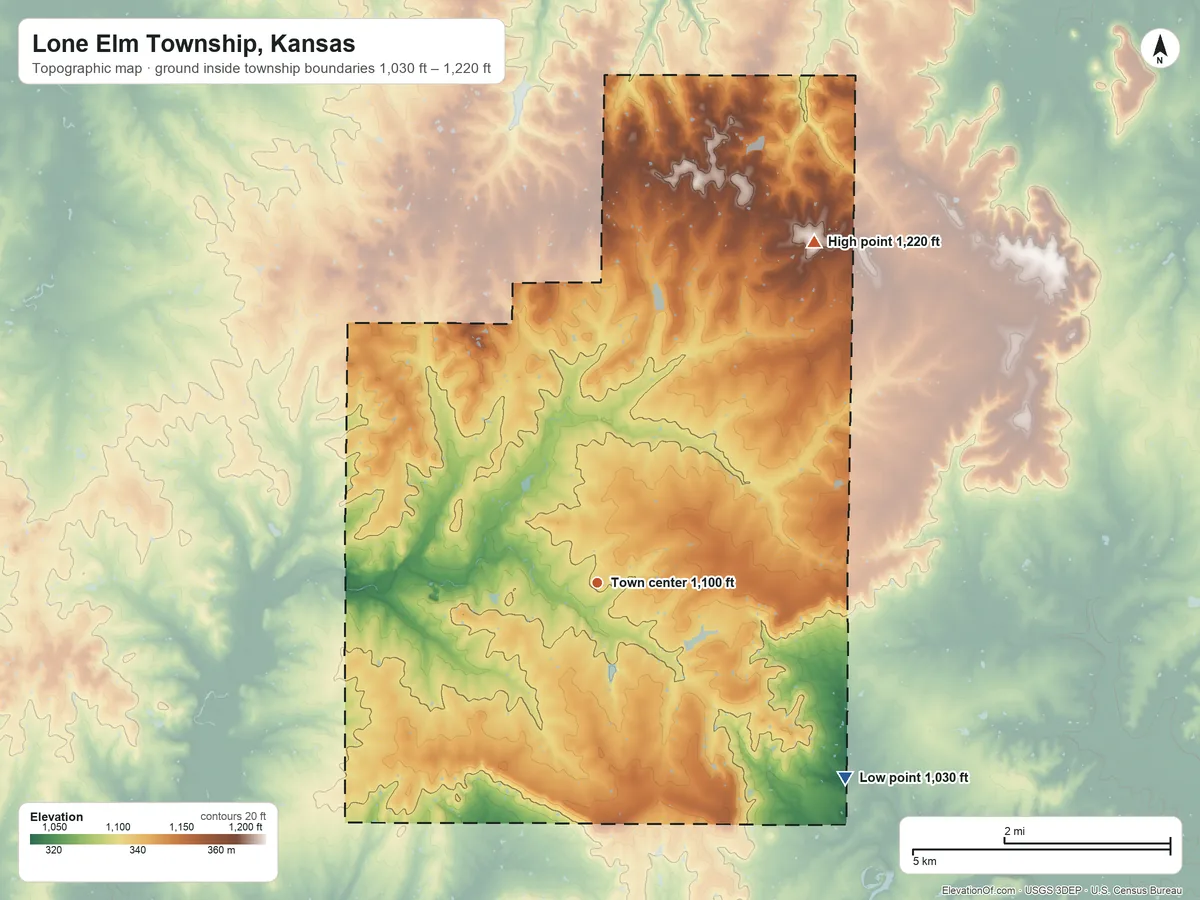 Topographic elevation map of Lone Elm Township, Kansas, shaded from 1,030 ft on the southeast side to 1,220 ft on the northeast side