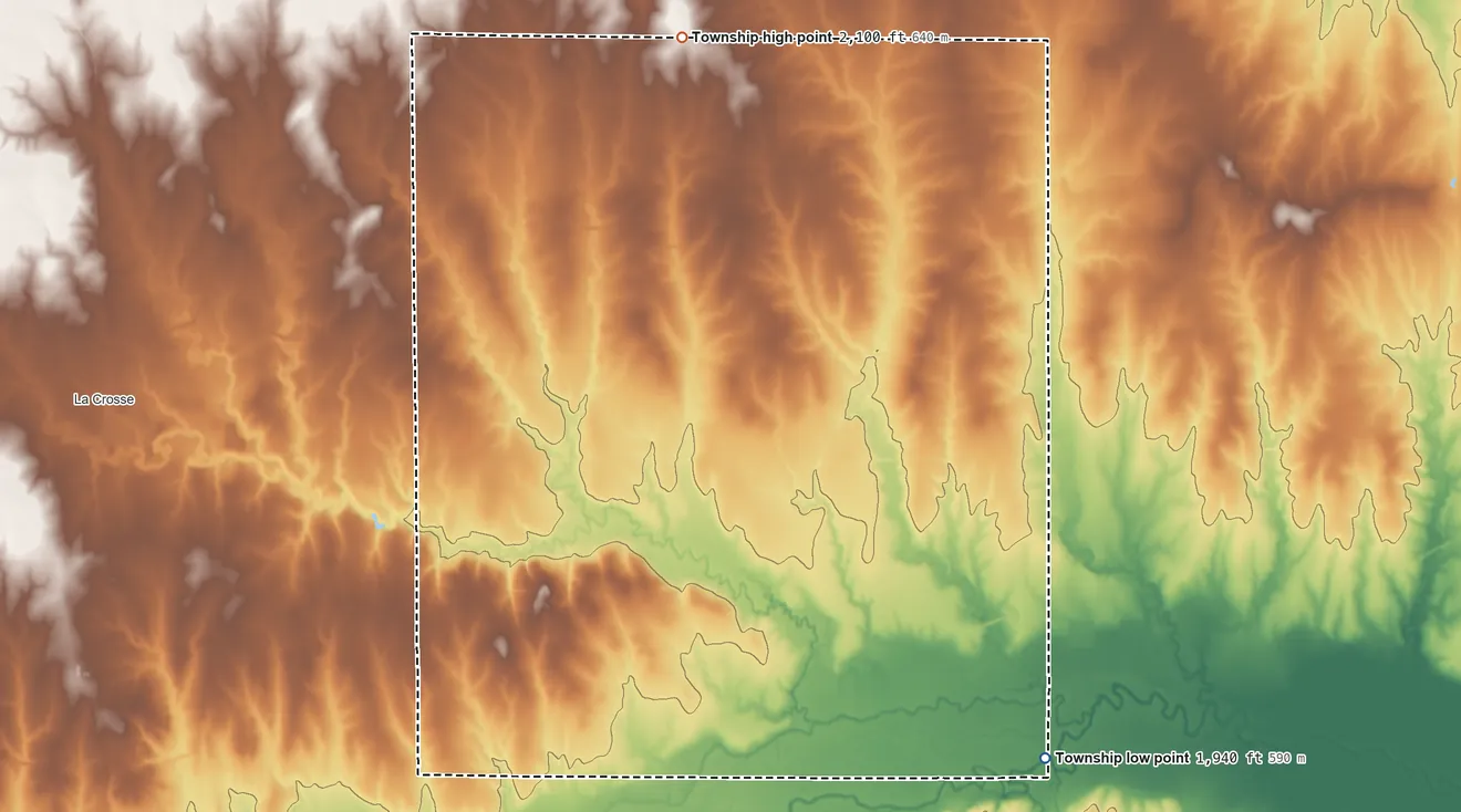 Topographic elevation map of Lone Star Township, Kansas, shaded from 1,940 ft on the southeast side to 2,100 ft on the north side